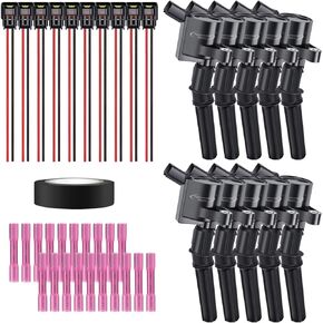 Set of 10 Ignition Coils & Pigtail Connector Wiring Harness Kit Compatible with Ford Super Duty E350 E450 F250 F550 Excursion 6.8L V10 Replacement For DG508