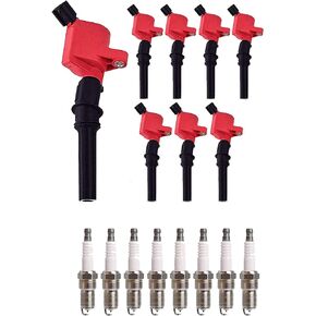 ENA Set of 8 Red Ignition Coil and 8 Platinum Spark Plug Compatible with Ford 2009 2010 F150 V8 4.6L Replacement for DG508 SP509 DG481
