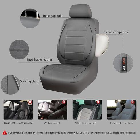 غطاء مقعد السيارة من الجلد من CAR PASS® Universal FIT Piping، لسيارات الدفع الرباعي والشاحنات والشاحنات والوسائد الهوائية المتوافقة، تصميم سحاب داخلي وفتحات فتح محفوظة (مجموعة كاملة، رمادي) in Kuwait