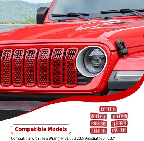 JeCar الجبهة مصبغة إدراج شبكة إطار الشواية أغطية الكسوة الملحقات الخارجية متوافقة مع جيب رانجلر 2024 JL JLU & Gladiator JT 2024، أسود in Kuwait