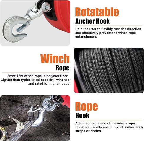 ونش حفر محمول بوزن 1000 رطل، ونش حفر أحمر محمول بحبل صناعي بطول 40 قدم، قم بتدوير الخطاف 360 درجة، للرفع والسحب in Kuwait