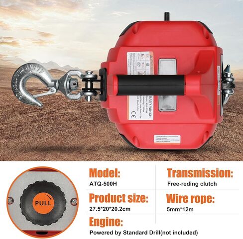 ونش حفر محمول بوزن 1000 رطل، ونش حفر أحمر محمول بحبل صناعي بطول 40 قدم، قم بتدوير الخطاف 360 درجة، للرفع والسحب in Kuwait