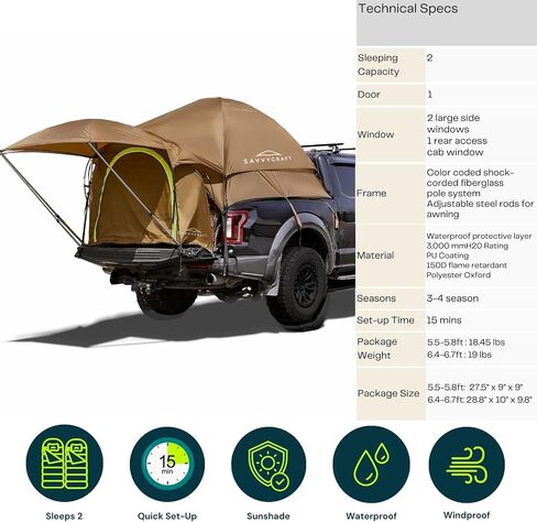 خيمة شاحنة صغيرة من Savvycraft لسرير قصير وسرير طويل للشاحنة بالحجم الكامل والمتوسط، مقاومة للماء P3000mm لشخصين، خيمة تخييم بطبقة مزدوجة لسرير الشاحنة، مظلة قابلة للتوسيع، ذبابة المطر، تتضمن حقيبة تخزين in Kuwait