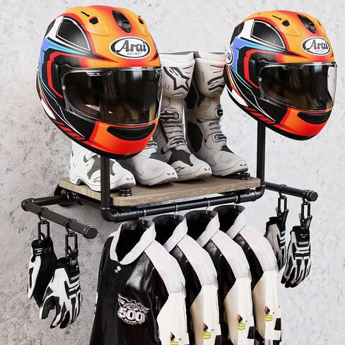 Double Motorcycle Helmet Holder Wall Mount, Helmet Hanger and Jacket Holder Wall Mount, Riding Gear Display Rack with 4 Hooks, Helmet Stand for Accesories Storage (3 Helmets) in Saudi Arabia