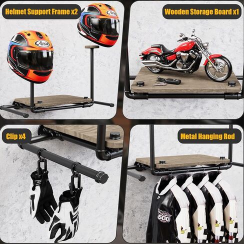 Double Motorcycle Helmet Holder Wall Mount, Helmet Hanger and Jacket Holder Wall Mount, Riding Gear Display Rack with 4 Hooks, Helmet Stand for Accesories Storage (3 Helmets) in Saudi Arabia