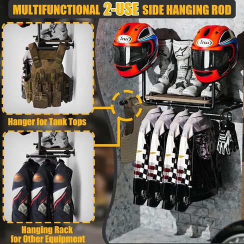 Double Motorcycle Helmet Holder Wall Mount, Helmet Hanger and Jacket Holder Wall Mount, Riding Gear Display Rack with 4 Hooks, Helmet Stand for Accesories Storage (3 Helmets) in Saudi Arabia