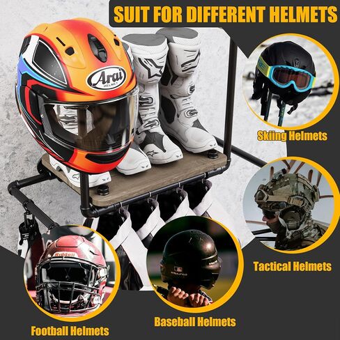 Double Motorcycle Helmet Holder Wall Mount, Helmet Hanger and Jacket Holder Wall Mount, Riding Gear Display Rack with 4 Hooks, Helmet Stand for Accesories Storage (3 Helmets) in Saudi Arabia