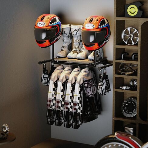 Double Motorcycle Helmet Holder Wall Mount, Helmet Hanger and Jacket Holder Wall Mount, Riding Gear Display Rack with 4 Hooks, Helmet Stand for Accesories Storage (3 Helmets) in Saudi Arabia