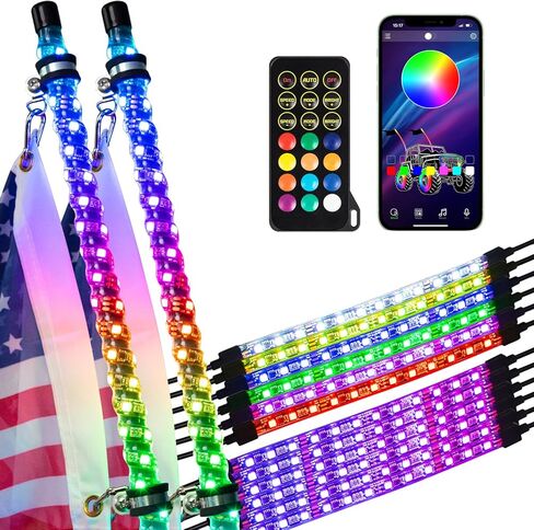 قطعتان من أضواء السوط بطول 4 أقدام و12 قطعة من مجموعة Underglow، 300 لون و178 وضعًا، التحكم عن بعد/التطبيق، أضواء LED سوطية أضواء شريط نيون مع الرقص/المطاردة للطرق الوعرة UTV ATV Polaris RZR Truck in Kuwait