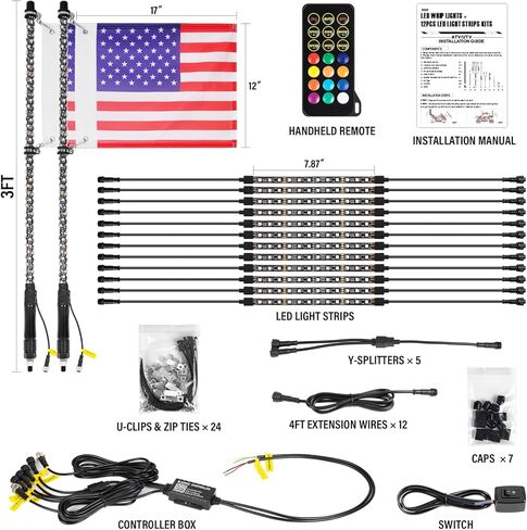 قطعتان من أضواء السوط بطول 4 أقدام و12 قطعة من مجموعة Underglow، 300 لون و178 وضعًا، التحكم عن بعد/التطبيق، أضواء LED سوطية أضواء شريط نيون مع الرقص/المطاردة للطرق الوعرة UTV ATV Polaris RZR Truck in Kuwait