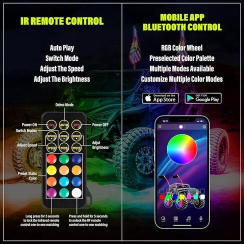 قطعتان من أضواء السوط بطول 4 أقدام و12 قطعة من مجموعة Underglow، 300 لون و178 وضعًا، التحكم عن بعد/التطبيق، أضواء LED سوطية أضواء شريط نيون مع الرقص/المطاردة للطرق الوعرة UTV ATV Polaris RZR Truck in Kuwait
