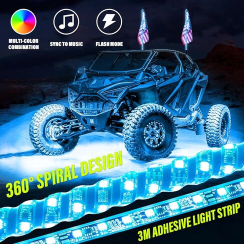 قطعتان من أضواء السوط بطول 4 أقدام و12 قطعة من مجموعة Underglow، 300 لون و178 وضعًا، التحكم عن بعد/التطبيق، أضواء LED سوطية أضواء شريط نيون مع الرقص/المطاردة للطرق الوعرة UTV ATV Polaris RZR Truck in Kuwait