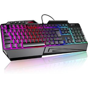 TECKNET Wired RGB Gaming Keyboard - 26-Key Anti-Ghosting, 13 Lighting Modes, Spill-Resistant, 108 Membrane Keys, Plug & Play - with Ergonomic Wrist Rest & Phone Holder for Windows/Mac (Black) in Saudi Arabia