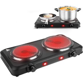 2000W Hot Plate,Portable Electric Stove Countertop Double Burner Infrared Burner with 7.5" & 6.3" Ceramic Glass Cooktop Stepless Temperature Adjustments for Home in Kuwait
