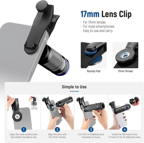 NEEWER 7X Telephoto Lens with Phone Camera Lens Clip, Detachable 10X Macro for 17mm Threaded Backplate/Phone Cage/Case Compatible with iPhone Samsung, LS-36 Ultra in Saudi Arabia