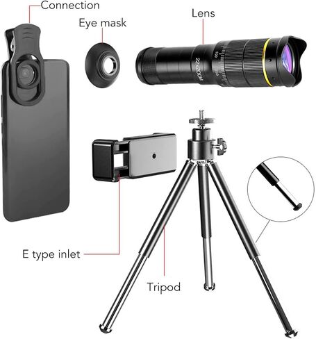 Cell Phone Camera Lens Kit, Universal 32x Telephoto Lens, Portable 32X Mobile Phone Zoom Lens Clip On Double Adjustment HD Mobile Phone Telescope Len for Most Smartphone (Black) in Saudi Arabia