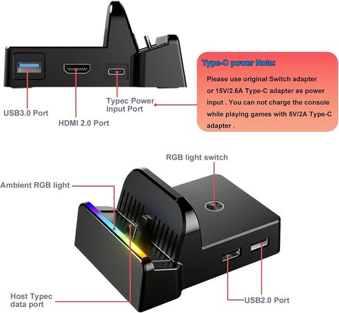Switch/Switch OLED Docking Station Dock ، استبدال محمول لمنافذ Nintendo TV Dock الرسمية ، Port Port Support 4K60Hz ، محطة الإرساء مع منافذ USB3.0 و USB2.0 in Kuwait