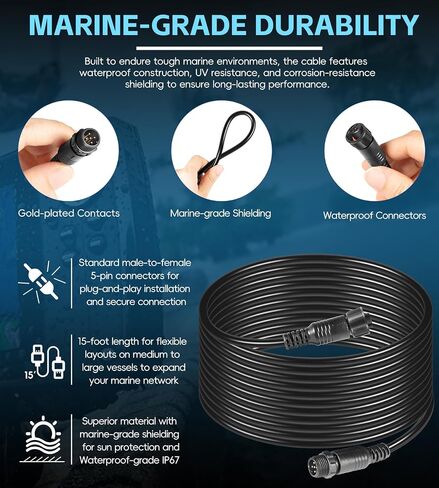 NMEA 2000 (N2K) 15 قدم كابل إسقاط العمود الفقري ، كابل تمديد لسيمراد Simrad B&G Navico & Garmin ، موصلات 5 أسنان NMEA 2000 كابل شبكة البحرية in Saudi Arabia