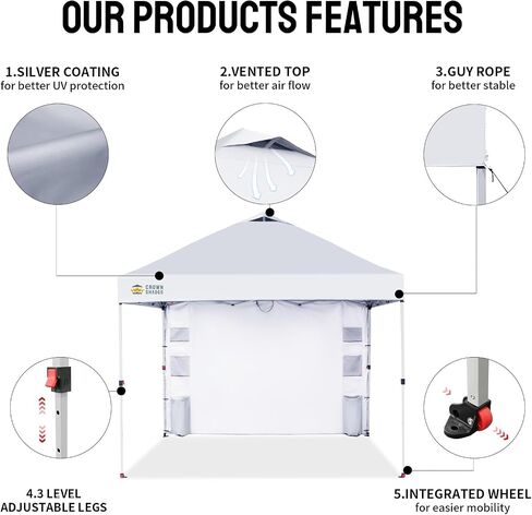 CROWN SHADES Canopy Tent 10x10 Pop Up Canopy with Side Pockets, Blue | Pop Up Tent Shelter with One Person Set Up Center Lock, Portable Instant Camping Beach Canopy Tents in Saudi Arabia