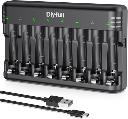 Dlypow 8 Bay Battery Charger AA AAA ، USB-C Charging Fast Charging مع إيقاف تشغيل ذكي للسيارات ، فتحة مستقلة لبطاريات Ni-MH Ni-CD القابلة لإعادة الشحن ، متضمن الكبل in Kuwait