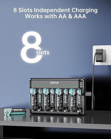 Dlypow 8 Bay Battery Charger AA AAA ، USB-C Charging Fast Charging مع إيقاف تشغيل ذكي للسيارات ، فتحة مستقلة لبطاريات Ni-MH Ni-CD القابلة لإعادة الشحن ، متضمن الكبل in Kuwait