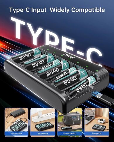 Dlypow 8 Bay Battery Charger AA AAA ، USB-C Charging Fast Charging مع إيقاف تشغيل ذكي للسيارات ، فتحة مستقلة لبطاريات Ni-MH Ni-CD القابلة لإعادة الشحن ، متضمن الكبل in Kuwait