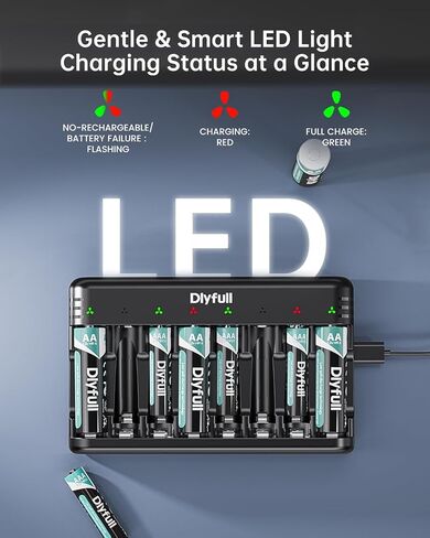 Dlypow 8 Bay Battery Charger AA AAA ، USB-C Charging Fast Charging مع إيقاف تشغيل ذكي للسيارات ، فتحة مستقلة لبطاريات Ni-MH Ni-CD القابلة لإعادة الشحن ، متضمن الكبل in Kuwait