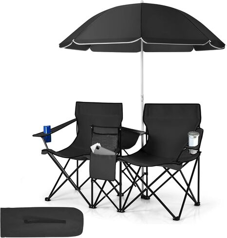 Tangkula Double Camping Chairs with Umbrella, Portable 2 Seat Folding Camp Chair with Cooler Bag, Beverage Holder, Carrying Bag, Foldable Lawn Chair for Outside, Fishing, Picnic,Beach in Saudi Arabia