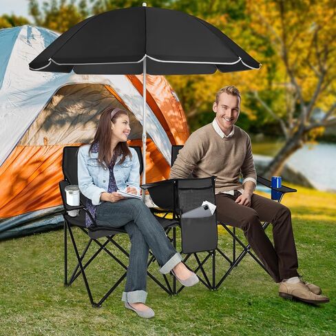 Tangkula Double Camping Chairs with Umbrella, Portable 2 Seat Folding Camp Chair with Cooler Bag, Beverage Holder, Carrying Bag, Foldable Lawn Chair for Outside, Fishing, Picnic,Beach in Saudi Arabia