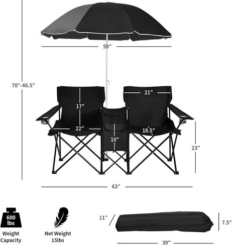 Tangkula Double Camping Chairs with Umbrella, Portable 2 Seat Folding Camp Chair with Cooler Bag, Beverage Holder, Carrying Bag, Foldable Lawn Chair for Outside, Fishing, Picnic,Beach in Saudi Arabia