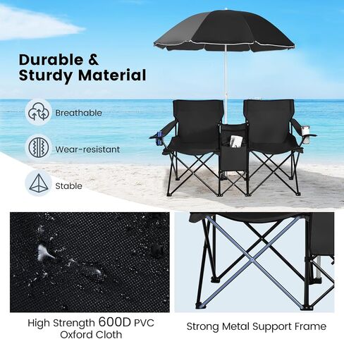 Tangkula Double Camping Chairs with Umbrella, Portable 2 Seat Folding Camp Chair with Cooler Bag, Beverage Holder, Carrying Bag, Foldable Lawn Chair for Outside, Fishing, Picnic,Beach in Saudi Arabia