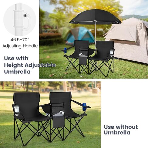 Tangkula Double Camping Chairs with Umbrella, Portable 2 Seat Folding Camp Chair with Cooler Bag, Beverage Holder, Carrying Bag, Foldable Lawn Chair for Outside, Fishing, Picnic,Beach in Saudi Arabia