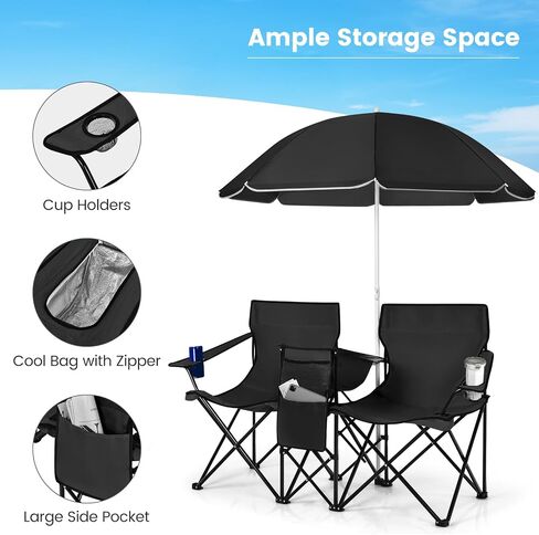 Tangkula Double Camping Chairs with Umbrella, Portable 2 Seat Folding Camp Chair with Cooler Bag, Beverage Holder, Carrying Bag, Foldable Lawn Chair for Outside, Fishing, Picnic,Beach in Saudi Arabia