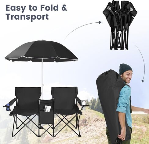 Tangkula Double Camping Chairs with Umbrella, Portable 2 Seat Folding Camp Chair with Cooler Bag, Beverage Holder, Carrying Bag, Foldable Lawn Chair for Outside, Fishing, Picnic,Beach in Saudi Arabia