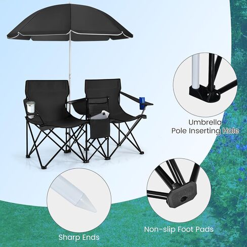 Tangkula Double Camping Chairs with Umbrella, Portable 2 Seat Folding Camp Chair with Cooler Bag, Beverage Holder, Carrying Bag, Foldable Lawn Chair for Outside, Fishing, Picnic,Beach in Saudi Arabia