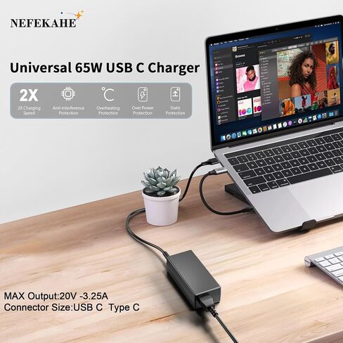 Universal 65W Chromebook Charger USB C متوافق مع HP Lenovo ThinkPad /Yoga Dell Chromebook 3100 /Latitude متوافق مع ASUS ، Samsung ، Acer ، Google Series C -Power Cord in Kuwait