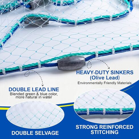 Goture American Fishing Cast Net Saltwater Freshwater, 3/8in Mesh Size Casting Net for Bait Fish Shrimp Trap, Dual Color Double Selvage Add Tape, Throw Cast Nets with Needle in Saudi Arabia