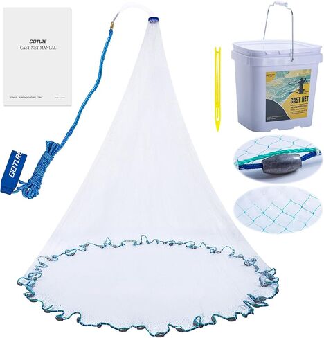 Goture American Fishing Cast Net Saltwater Freshwater, 3/8in Mesh Size Casting Net for Bait Fish Shrimp Trap, Dual Color Double Selvage Add Tape, Throw Cast Nets with Needle in Saudi Arabia