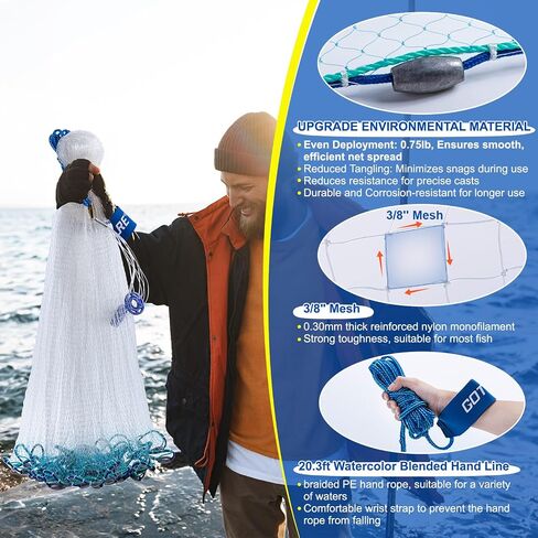 Goture American Fishing Cast Net Saltwater Freshwater, 3/8in Mesh Size Casting Net for Bait Fish Shrimp Trap, Dual Color Double Selvage Add Tape, Throw Cast Nets with Needle in Saudi Arabia