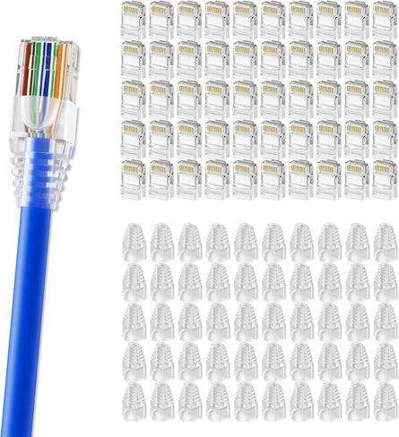 Cablegeeker RJ45 موصلات 100+100 حزمة - 100 مقابس CAT6 و 100 أحذية تخفيف السلالة (الأزرق) ، مقابس تجعيد إيثرنت القياسية ، نهايات مطلية بالذهب ل CAT5/CAT5E/CAT6 كابل Ethernet in Kuwait