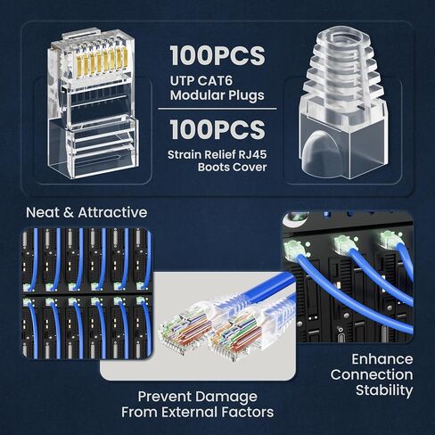 Cablegeeker RJ45 موصلات 100+100 حزمة - 100 مقابس CAT6 و 100 أحذية تخفيف السلالة (الأزرق) ، مقابس تجعيد إيثرنت القياسية ، نهايات مطلية بالذهب ل CAT5/CAT5E/CAT6 كابل Ethernet in Kuwait