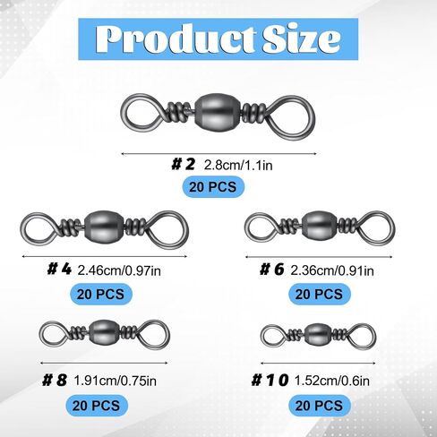 100 PCS Fishing Barrel Swivels ، سبيكة عالية القوة يدور الصيد معالجة دوارة دوارة الصلبة محمل الكرة موصل مع طلاء أسود لمياه المياه العذبة في المياه المالحة (5 نماذج) in Saudi Arabia