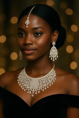 Touchstone Indian Bollywood masterly created sparkling Rhinestone grand bridal jewelry necklace set for women in silver tone in Saudi Arabia