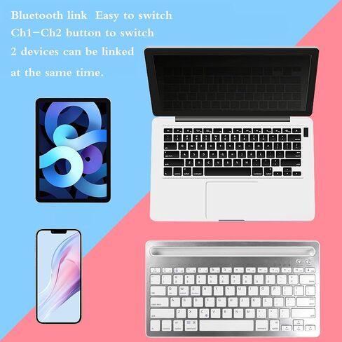 Tablet Keyboard Rechargeable, Multi-Device Bluetooth Keyboard for iPad/Tablet/Phone/Computer, Wireless Keyboard, Quiet Bluetooth Keyboard for Tablet, Compatible with Android iOS Windows -Silver in Kuwait