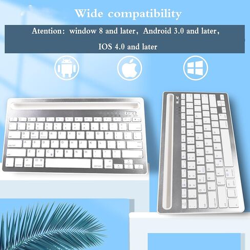 Tablet Keyboard Rechargeable, Multi-Device Bluetooth Keyboard for iPad/Tablet/Phone/Computer, Wireless Keyboard, Quiet Bluetooth Keyboard for Tablet, Compatible with Android iOS Windows -Silver in Kuwait