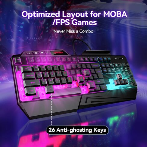 TECKNET Wired RGB Gaming Keyboard - 26-Key Anti-Ghosting, 13 Lighting Modes, Spill-Resistant, 108 Membrane Keys, Plug & Play - with Ergonomic Wrist Rest & Phone Holder for Windows/Mac (Black) in Saudi Arabia