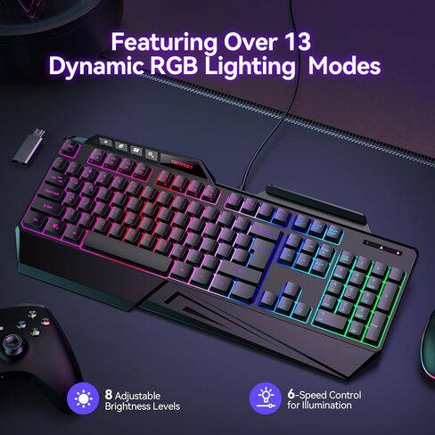 TECKNET Wired RGB Gaming Keyboard - 26-Key Anti-Ghosting, 13 Lighting Modes, Spill-Resistant, 108 Membrane Keys, Plug & Play - with Ergonomic Wrist Rest & Phone Holder for Windows/Mac (Black) in Saudi Arabia
