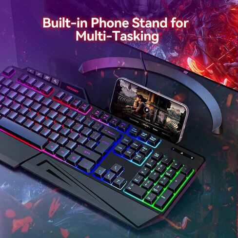 TECKNET Wired RGB Gaming Keyboard - 26-Key Anti-Ghosting, 13 Lighting Modes, Spill-Resistant, 108 Membrane Keys, Plug & Play - with Ergonomic Wrist Rest & Phone Holder for Windows/Mac (Black) in Saudi Arabia