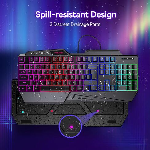 TECKNET Wired RGB Gaming Keyboard - 26-Key Anti-Ghosting, 13 Lighting Modes, Spill-Resistant, 108 Membrane Keys, Plug & Play - with Ergonomic Wrist Rest & Phone Holder for Windows/Mac (Black) in Saudi Arabia