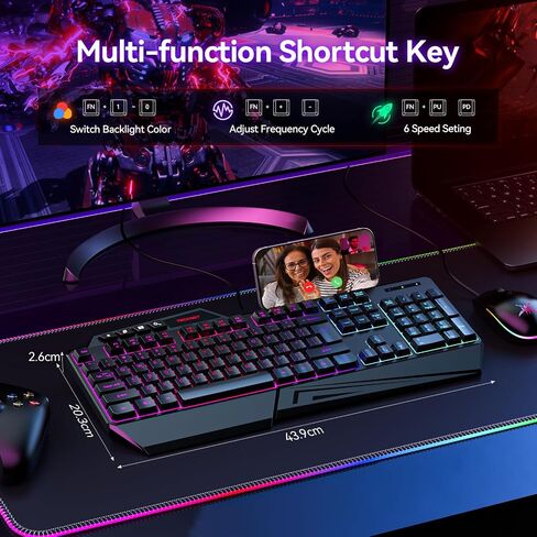 TECKNET Wired RGB Gaming Keyboard - 26-Key Anti-Ghosting, 13 Lighting Modes, Spill-Resistant, 108 Membrane Keys, Plug & Play - with Ergonomic Wrist Rest & Phone Holder for Windows/Mac (Black) in Saudi Arabia